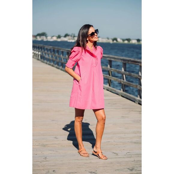 Navyblu Westport Dress Hot Pink Size Small 100% Cotton Popover Ruffle $228.00 - Picture 2 of 10